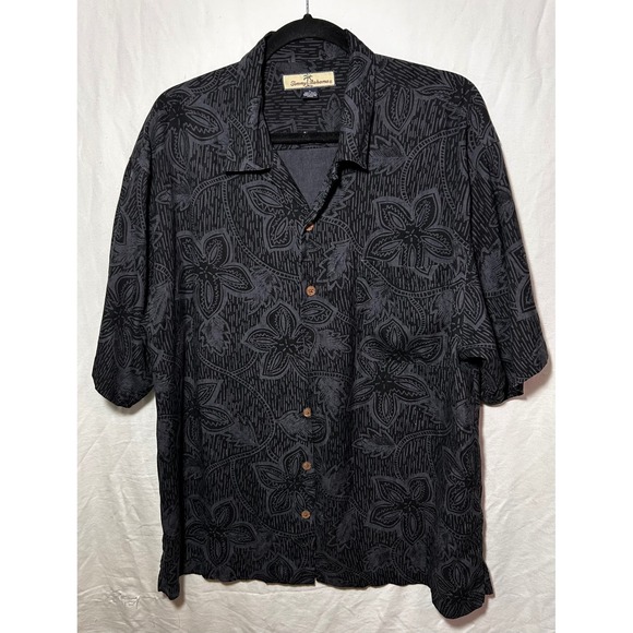 Tommy Bahama 100% Silk Charcoal and Gray Hawaiian Shirt Mens Size Large - Picture 1 of 2